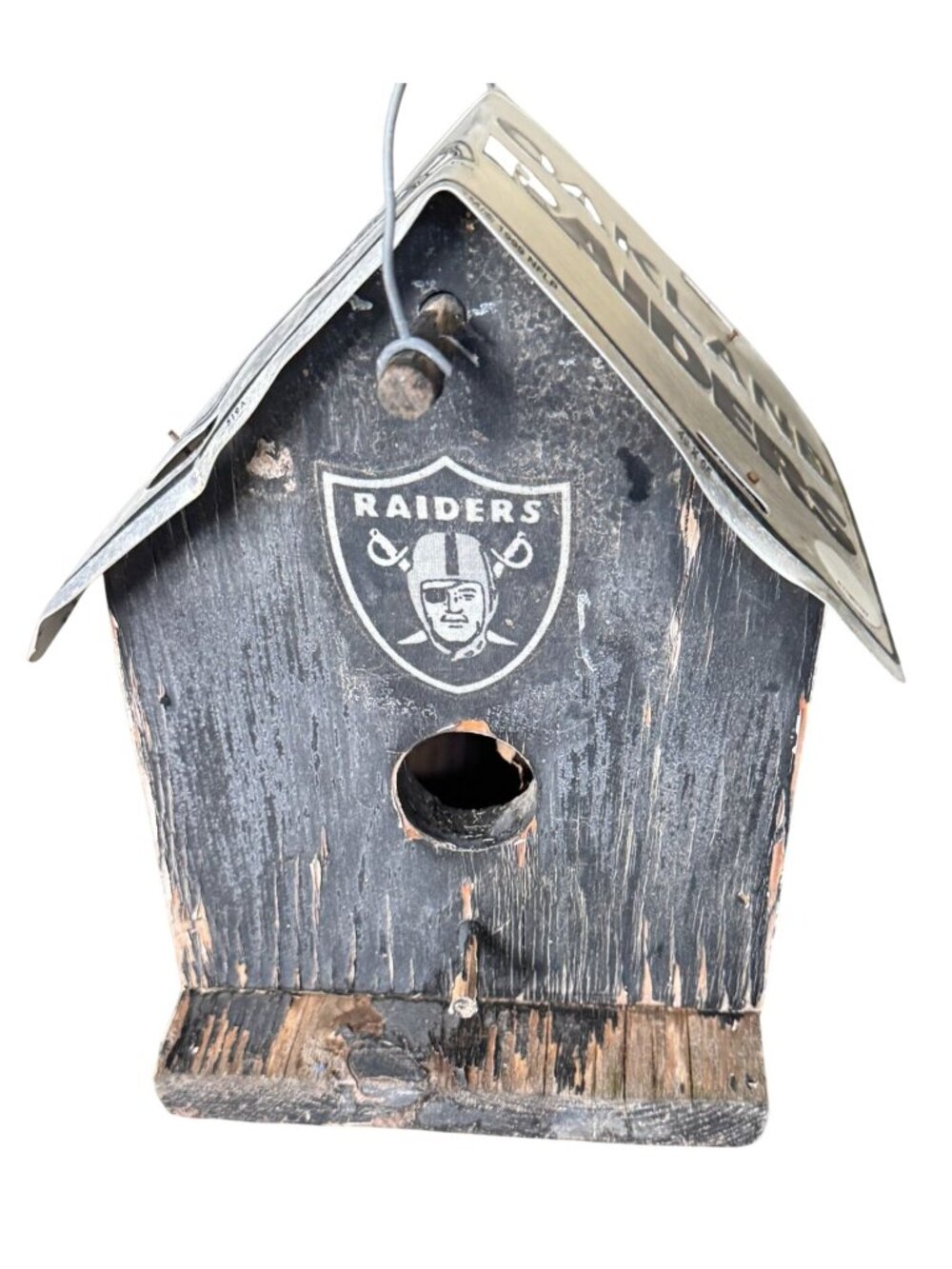 Vtg Oakland Raiders Wooden Birdhouse License Plate Roof Rustic Design NFL Signed